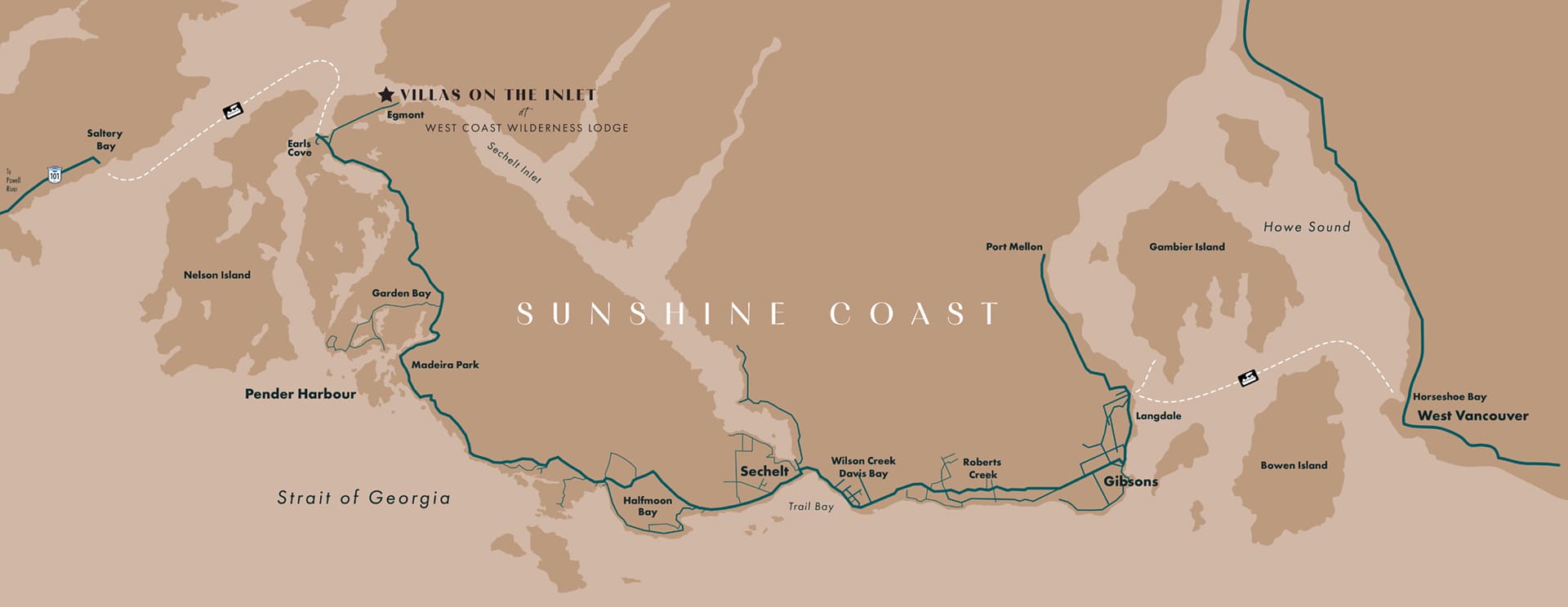 Getting Here map - Villas on the Inlet - Sunshine Coast BC